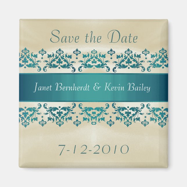 Pretty Teal Damask Save the Date magnet (Front)