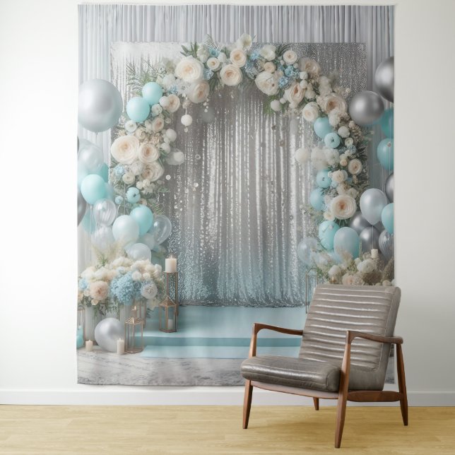 Pretty Teal Floral Balloon Arch Hanging Tapestry (In Situ)