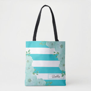 Pretty Teal Flowers And Stripes Tote Bag