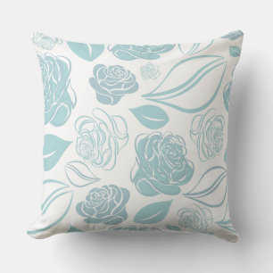 Pretty Teal Green and White Roses and Leaves   Cushion