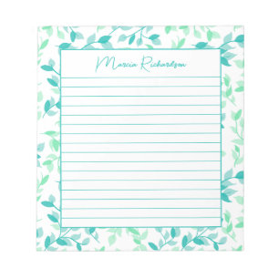Pretty Teal Green Floral Modern Personalised Lined Notepad
