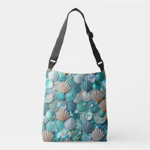 Pretty Teal Mermaid Print And Shells Pattern Crossbody Bag
