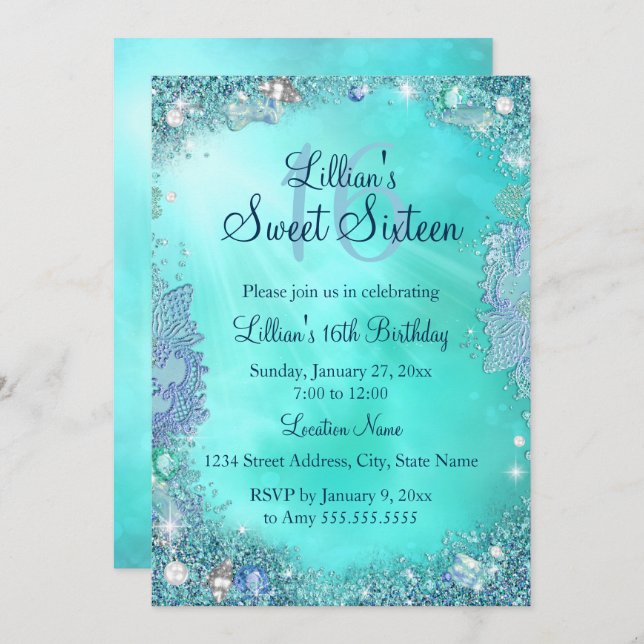 Pretty Teal Ocean Jewel Sweet 16 Birthday Invite (Front/Back)