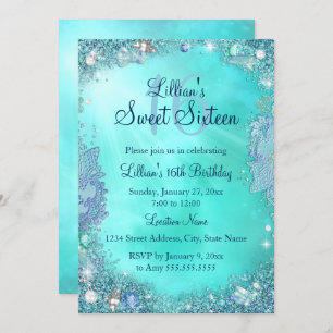 Pretty Teal Ocean Jewel Sweet 16 Birthday Invite