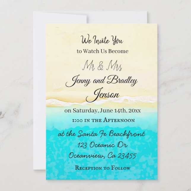 Pretty Teal Ocean Shore Beach  Themed Wedding Invitation (Front)
