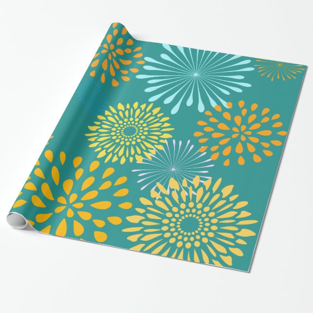 Pretty Teal Orange Flower Line Art Pattern Wrapping Paper (Unrolled)