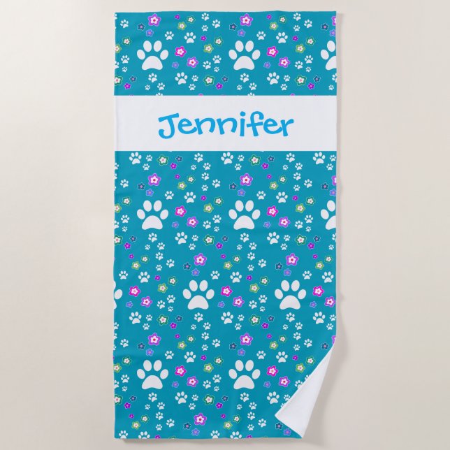 Pretty Teal Paw Print Personalized Dog Beach Towel (Front)