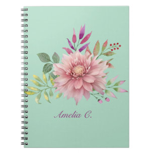 Pretty Teal & Pink Pastel Watercolor Floral Notebook