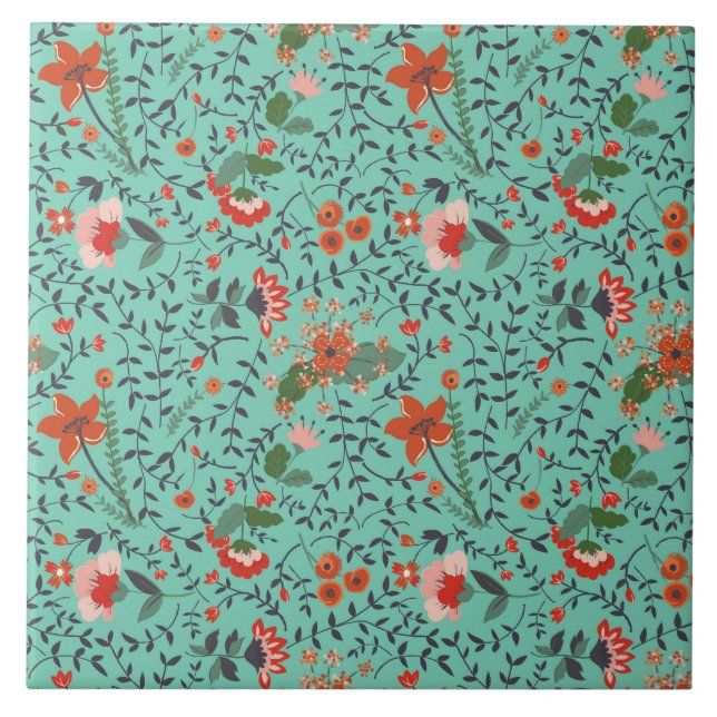 Pretty Teal Rust Blue and Pink Floral Pattern Tile (Front)