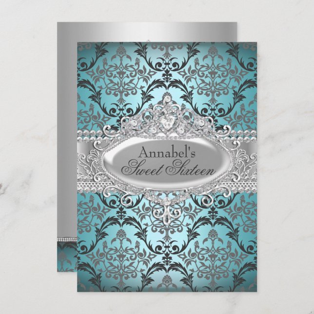 Pretty Teal & Silver Damask Sweet 16 Invite (Front/Back)
