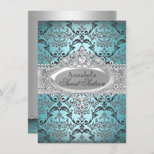 Pretty Teal & Silver Damask Sweet 16 Invite