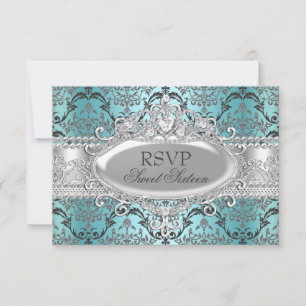 Pretty Teal & Silver Damask Sweet 16 RSVP