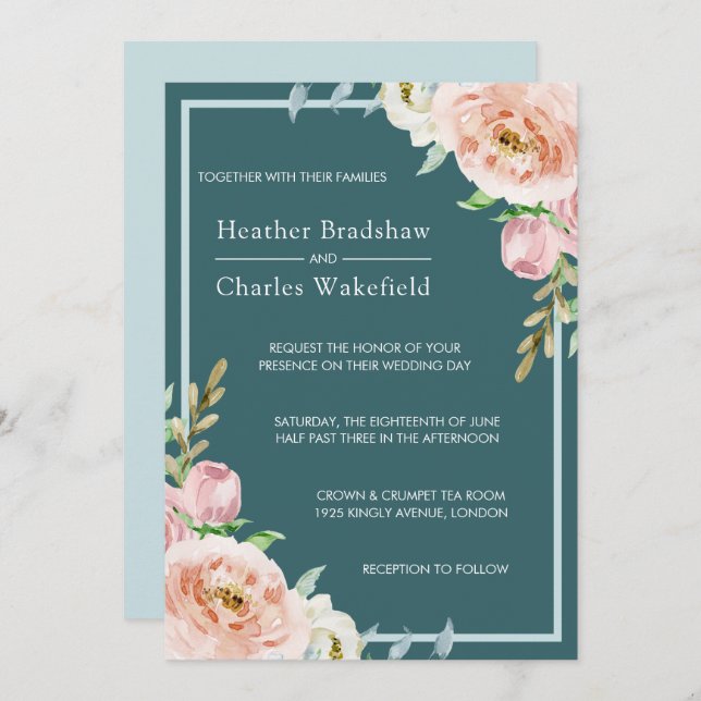 Pretty Teal Watercolor Floral Wedding Invitation (Front/Back)