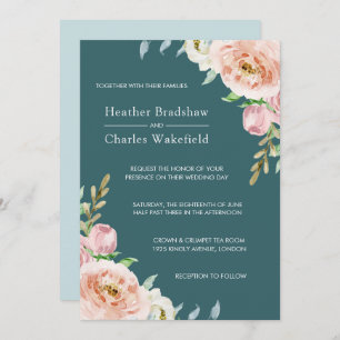 Pretty Teal Watercolor Floral Wedding Invitation