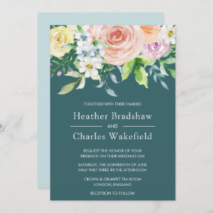 Pretty Teal Watercolor Floral Wedding Invitation