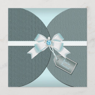 Pretty Teal Wedding Invite with Jewelled Bow
