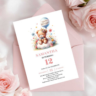Pretty teddy bear balloon flowers girl birthday  invitation