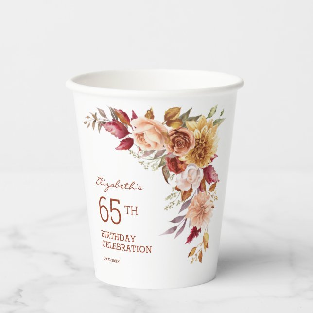 Pretty Terracotta Autumn Floral Botanical Birthday Paper Cups (Front)