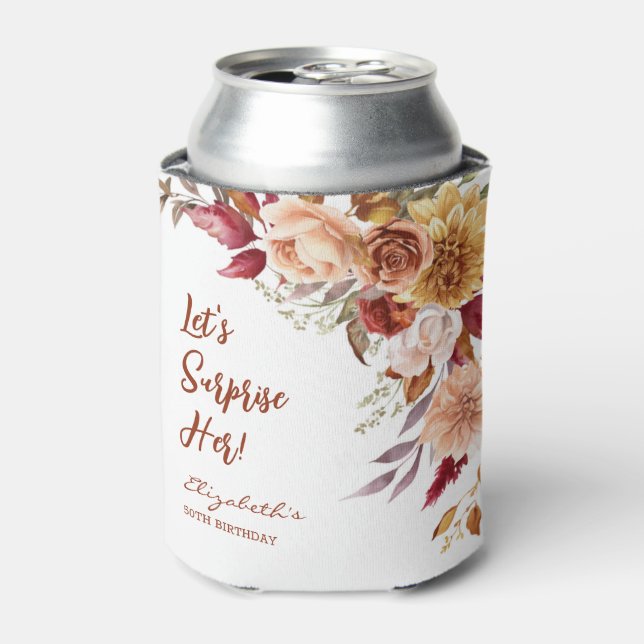 Pretty Terracotta Autumn Floral Surprise Birthday Can Cooler (Can Front)