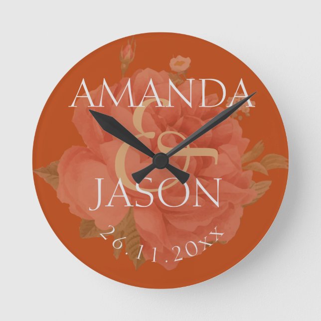 Pretty Terracotta Rust Rose Floral Cute Wedding Round Clock (Front)