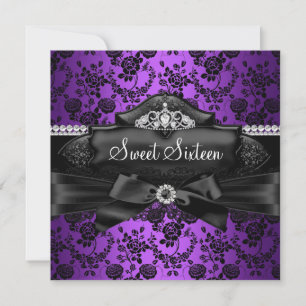 Pretty Tiara & Bow Purple Sweet 16 Invitation