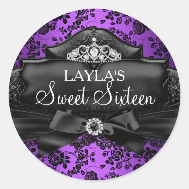 Pretty Tiara & Bow Purple Sweet 16 Sticker (Front)