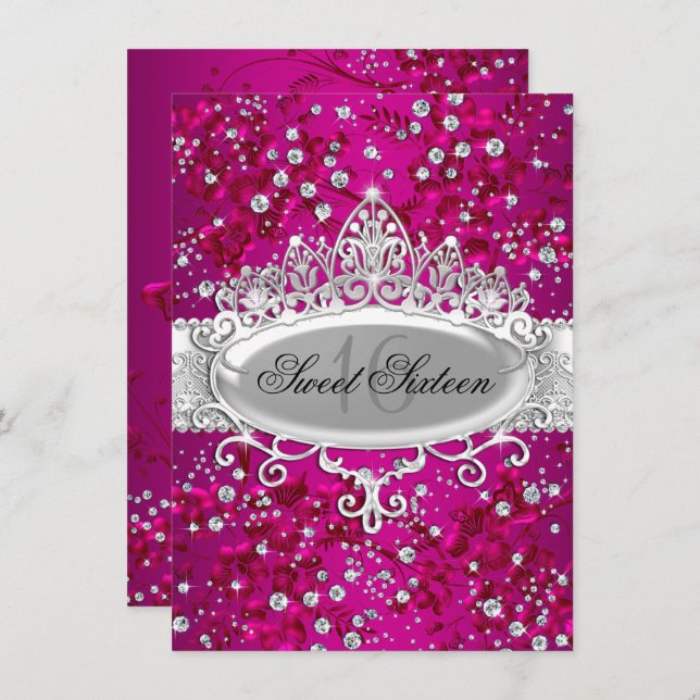 Pretty Tiara Sparkle Flowers Pink Sweet 16 Invitation (Front/Back)