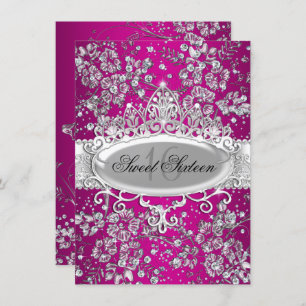 Pretty Tiara Sparkle Flowers Pink Sweet 16 party Invitation