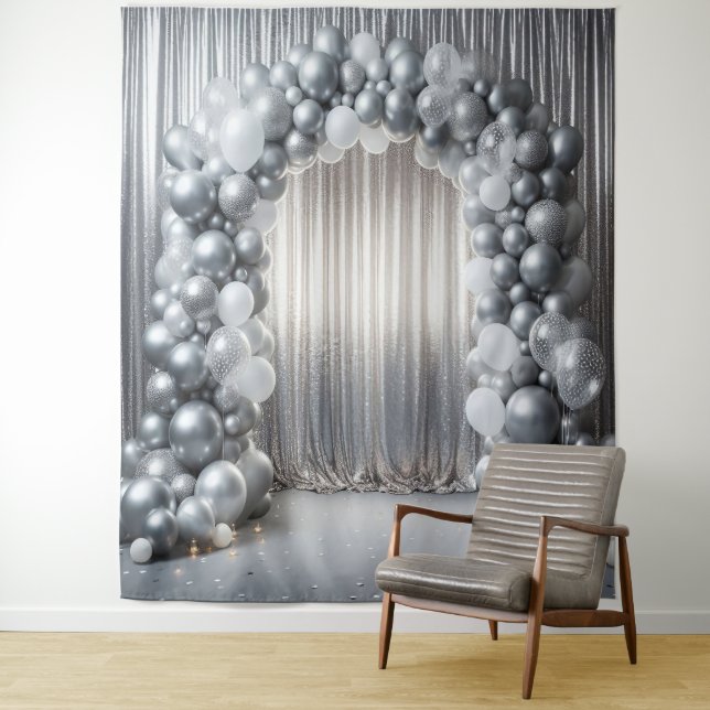 Pretty Tones of Grey Balloon Arch Tapestry (In Situ)