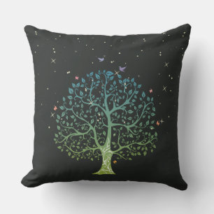 Pretty Tree, Birds and Stars Throw Pillow