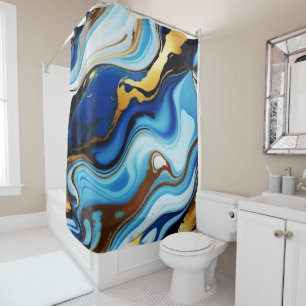 Pretty Trendy Blue yellow Gold faux marble  Shower Curtain
