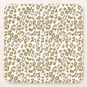 Pretty trendy faux gold glitter leopard print square paper coaster