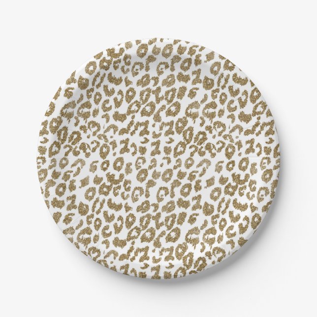 Pretty Trendy Leopard Print Gold Glitter Paper Plate (Front)