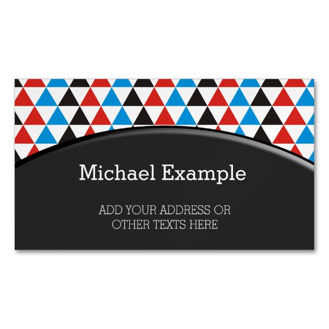 Pretty Triangle pattern black red blue + your text Magnetic Business Card (Front)