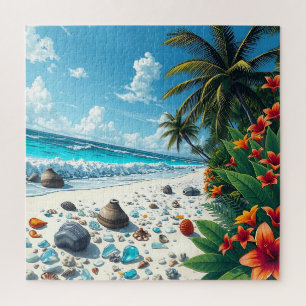Pretty Tropical Beach Scene Coastal Seaside Art Jigsaw Puzzle