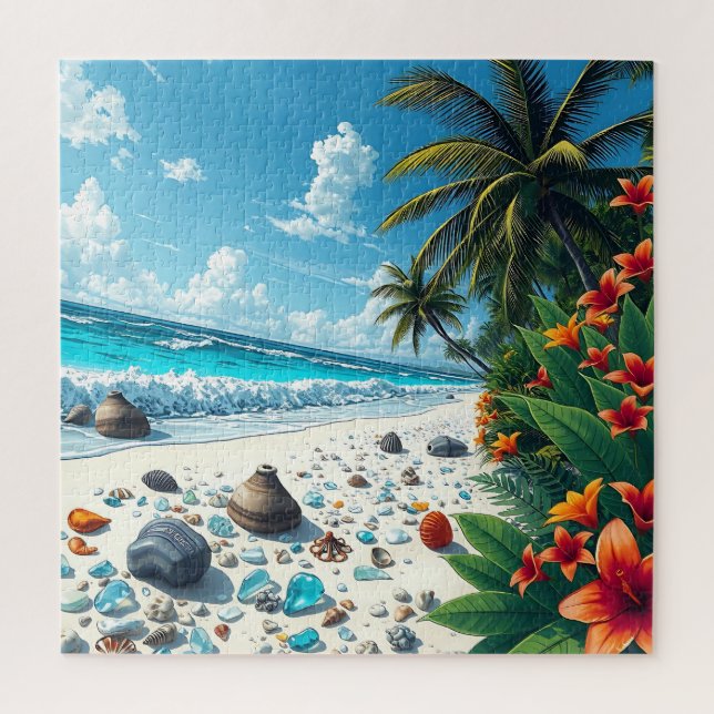 Pretty Tropical Beach Scene Coastal Seaside Art Jigsaw Puzzle (Vertical)