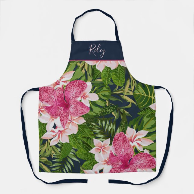 Pretty Tropical Floral Print with Name Apron (Front)