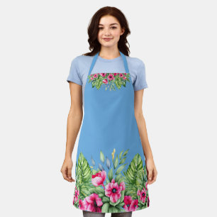 Pretty Tropical Florals Blue Background Apron