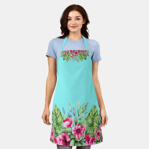 Pretty Tropical Florals Teal Background Apron