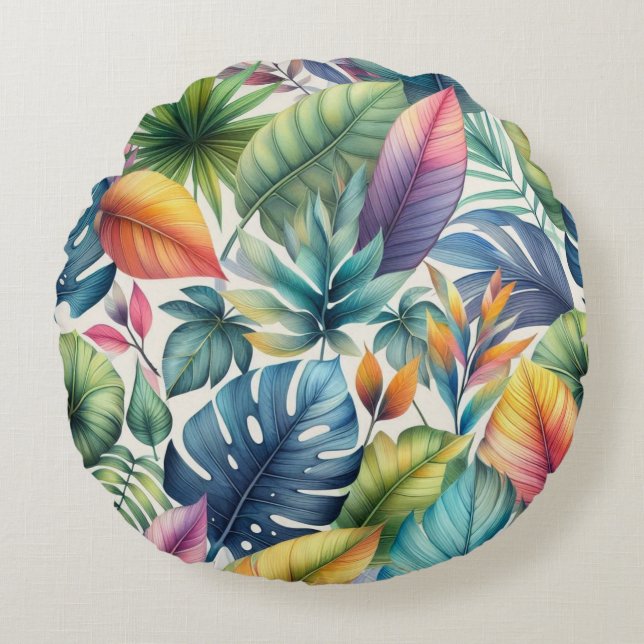 Pretty Tropical Leaves  Round Cushion (Front)