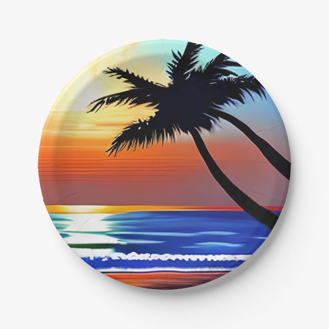 Pretty Tropical Palm Tree and Ocean Paper Plate (Front)