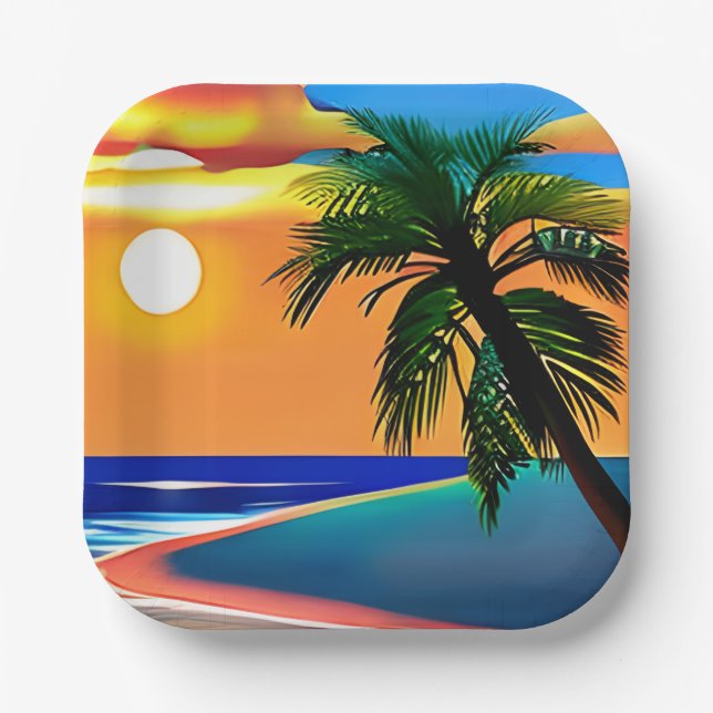 Pretty Tropical Palm Tree and Ocean Sunset Paper Plate (Front)