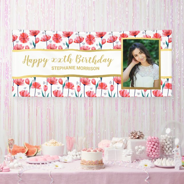 Pretty Tulip Flower Custom Photo Text Birthday Banner (Party)