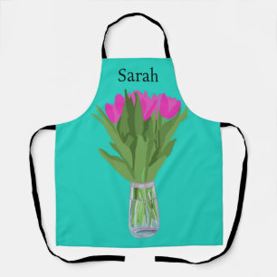 Pretty Tulip Flower Modern Illustration + Name Apron