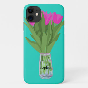 Pretty Tulip Flower Modern Illustration + Name iPhone 11 Case