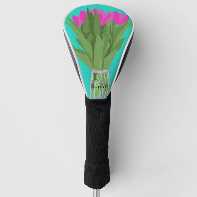 Pretty Tulip Flower Modern Illustration + Name Golf Head Cover (Front)