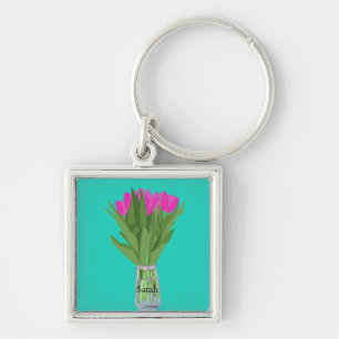 Pretty Tulip Flower Modern Illustration + Name Key Ring
