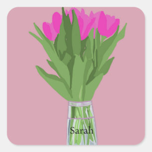 Pretty Tulip Flower Modern Illustration + Name Square Sticker