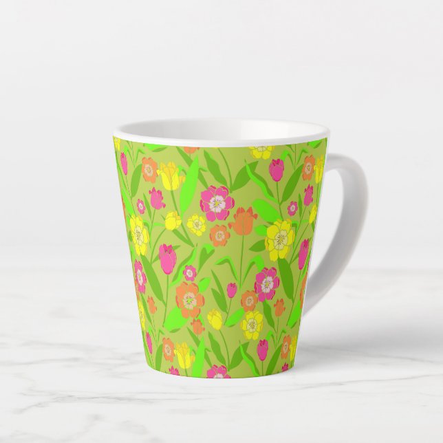 Pretty Tulip Patterned Natural Green Spring Flower Latte Mug (Right Angle)