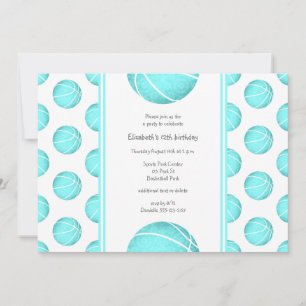 pretty turquoise basketballs pattern sports party invitation
